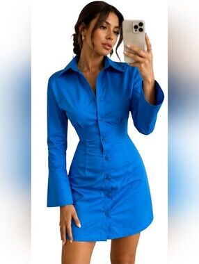 NWT Zara Blue Poplin Corset Waist Mini Shirt Dress Size Small